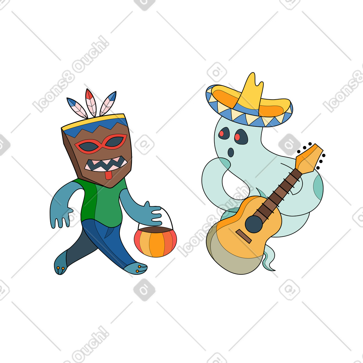 Surr スタイルの ギターを持った幽霊とハロウィン衣装を着た子供 のイラストをPNG、SVG形式でダウンロード