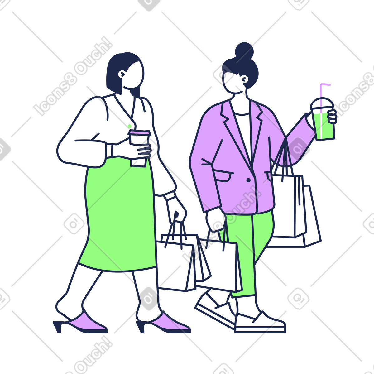 Ilustração de Friends carrying shopping bags and takeaway drinks, spree em no estilo Outline para baixar em PNG, SVG