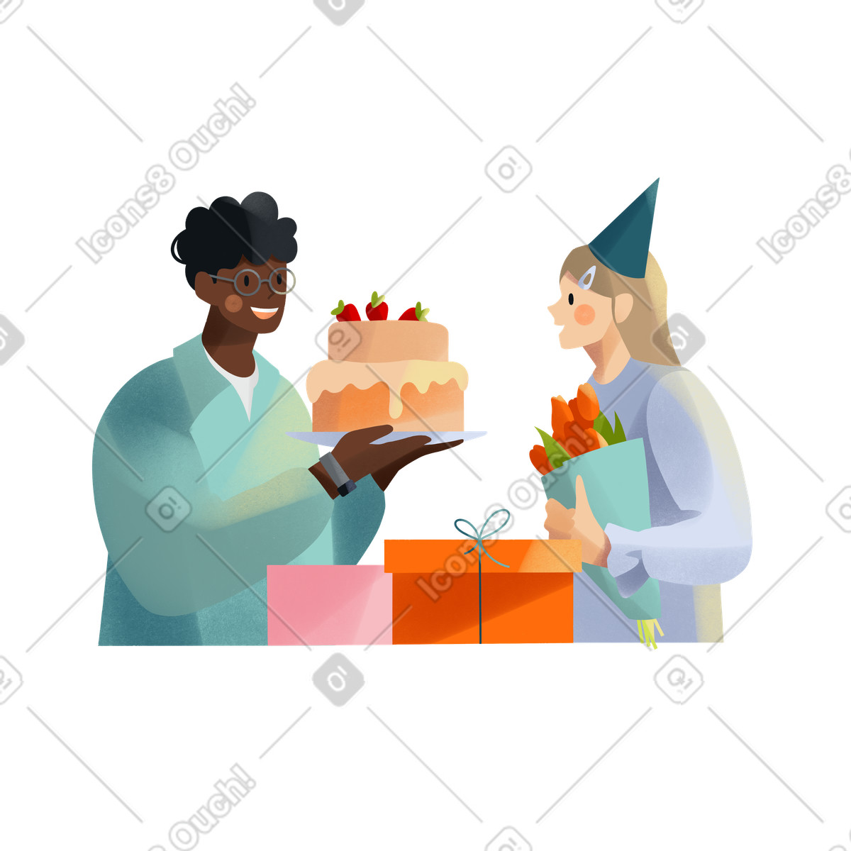 Junger mann mit kuchen gratuliert einer jungen frau zu ihrem geburtstag-Illustration im Shine-Stil als Download in PNG, SVG
