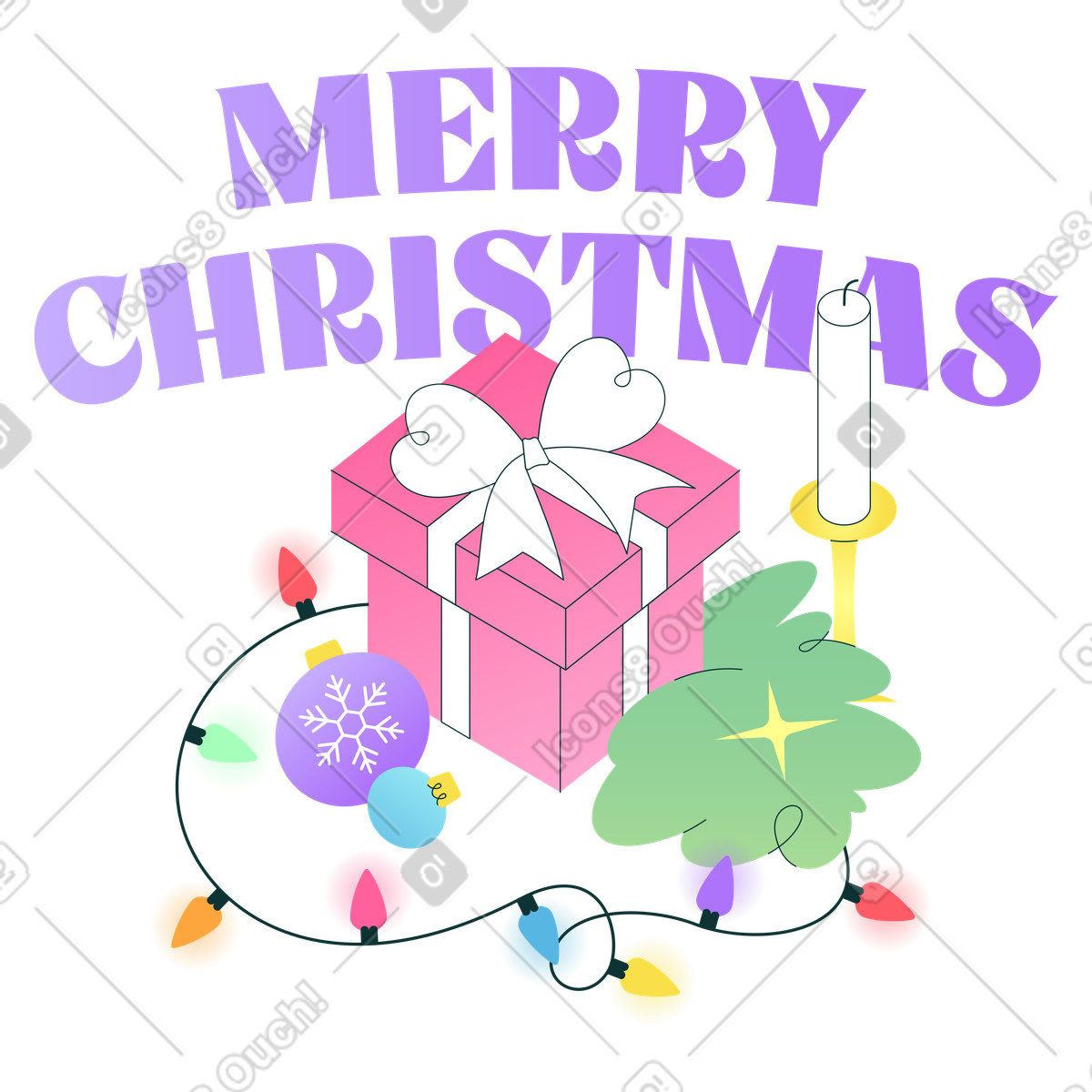 Gift box with candle, baubles and Christmas lights, Festive season decorations illustration in Florid style download in PNG, SVG