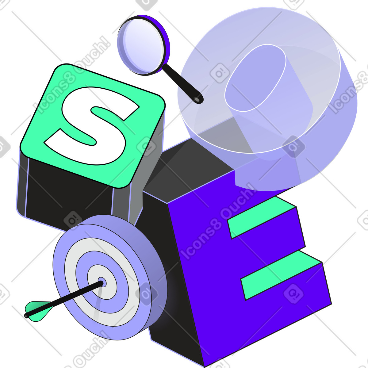 Ilustración Letras seo con lupa y texto de destino en estilo Incut a descargar en PNG SVG