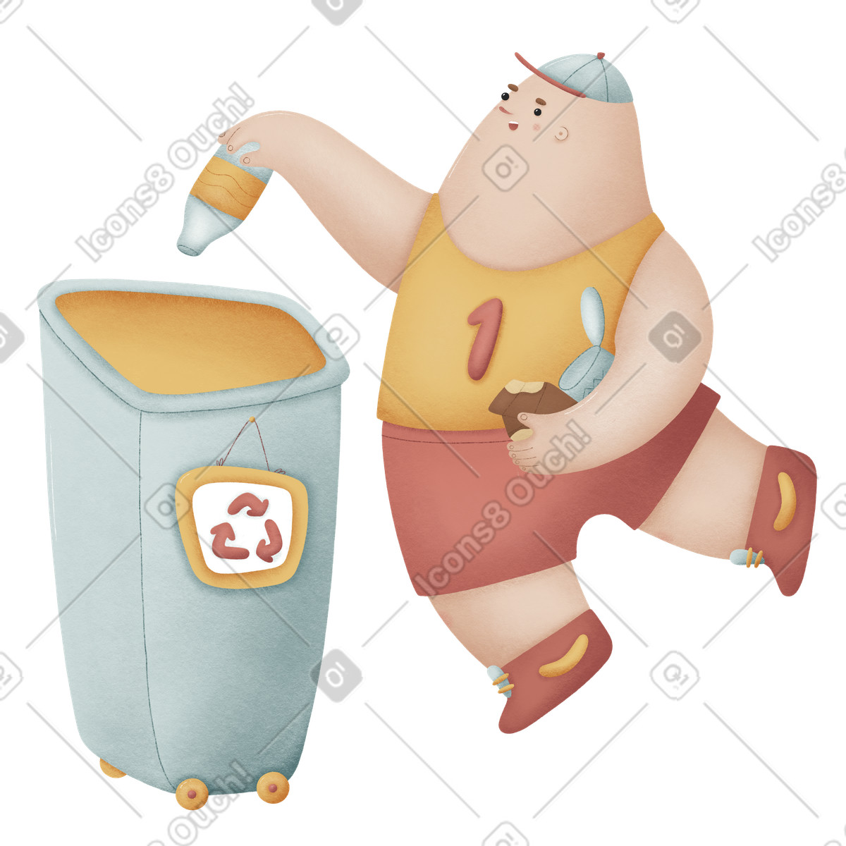 Illustration Homme mettant les déchets dans le bac de recyclage style Woolly à télécharger aux formats PNG, SVG