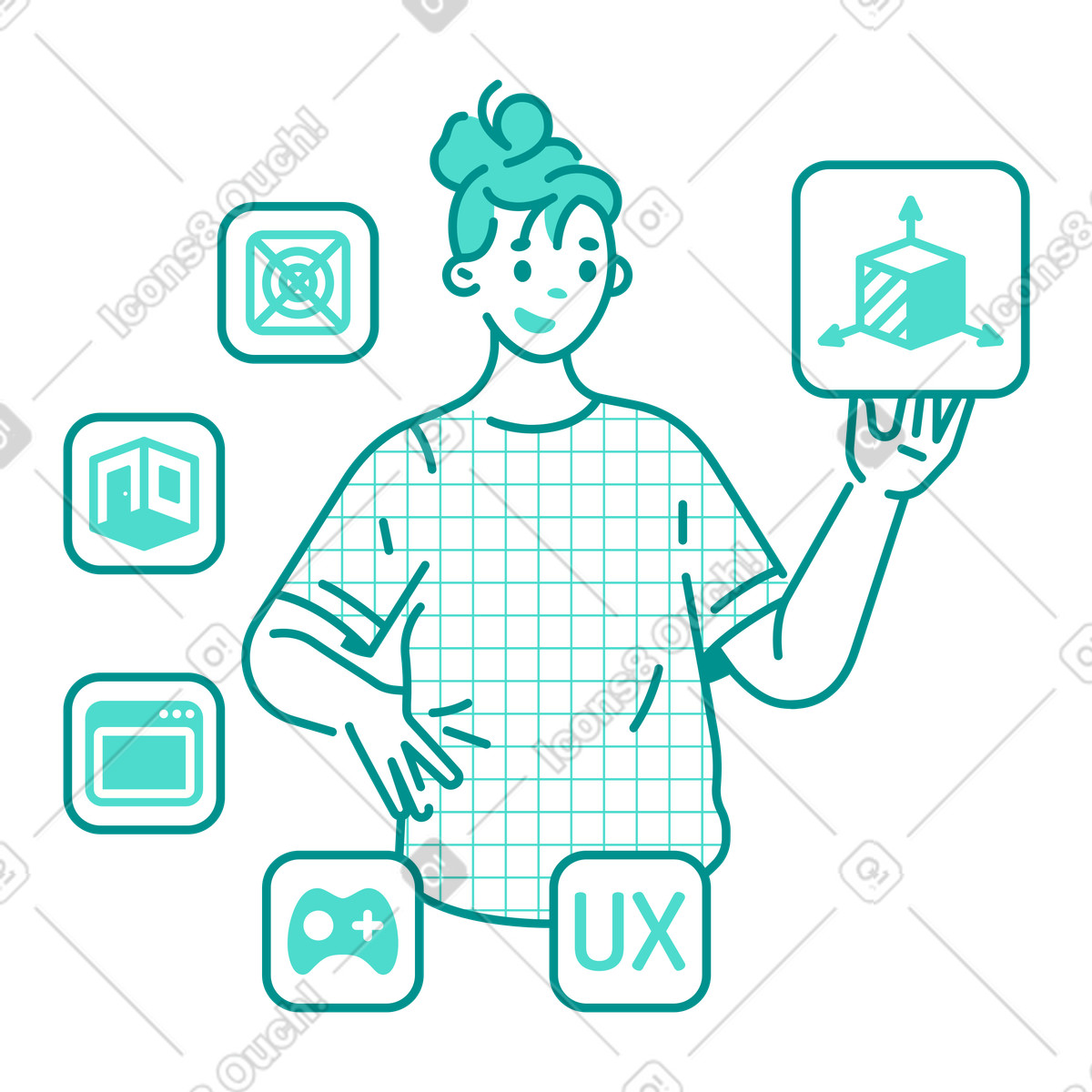 Giovane donna che sceglie tra diversi tipi di design illustrazione animata in stile Natty scaricabile in GIF, Lottie (JSON), AE