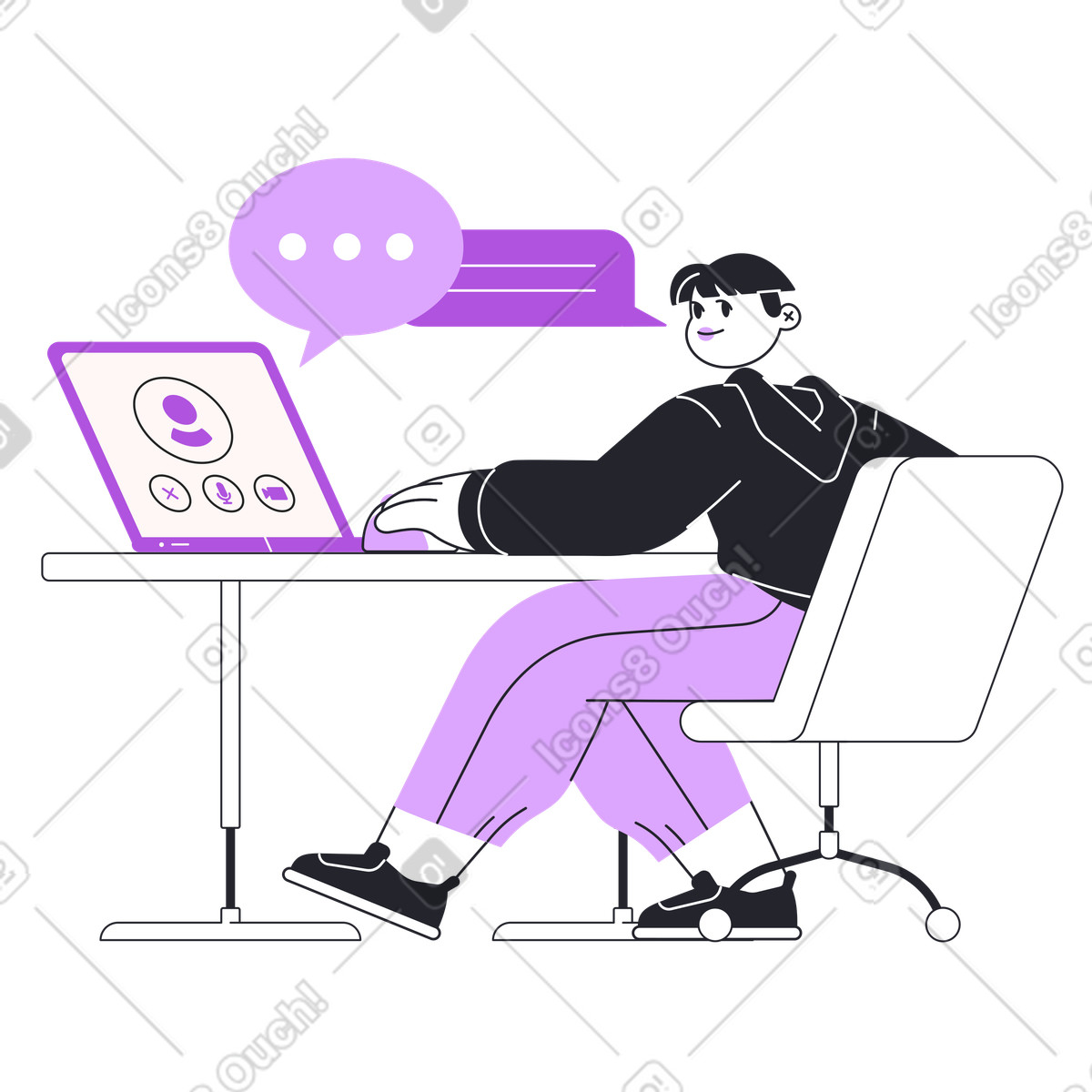 Remote employee attending virtual meeting, online teamwork illustration in Grapy style download in PNG, SVG