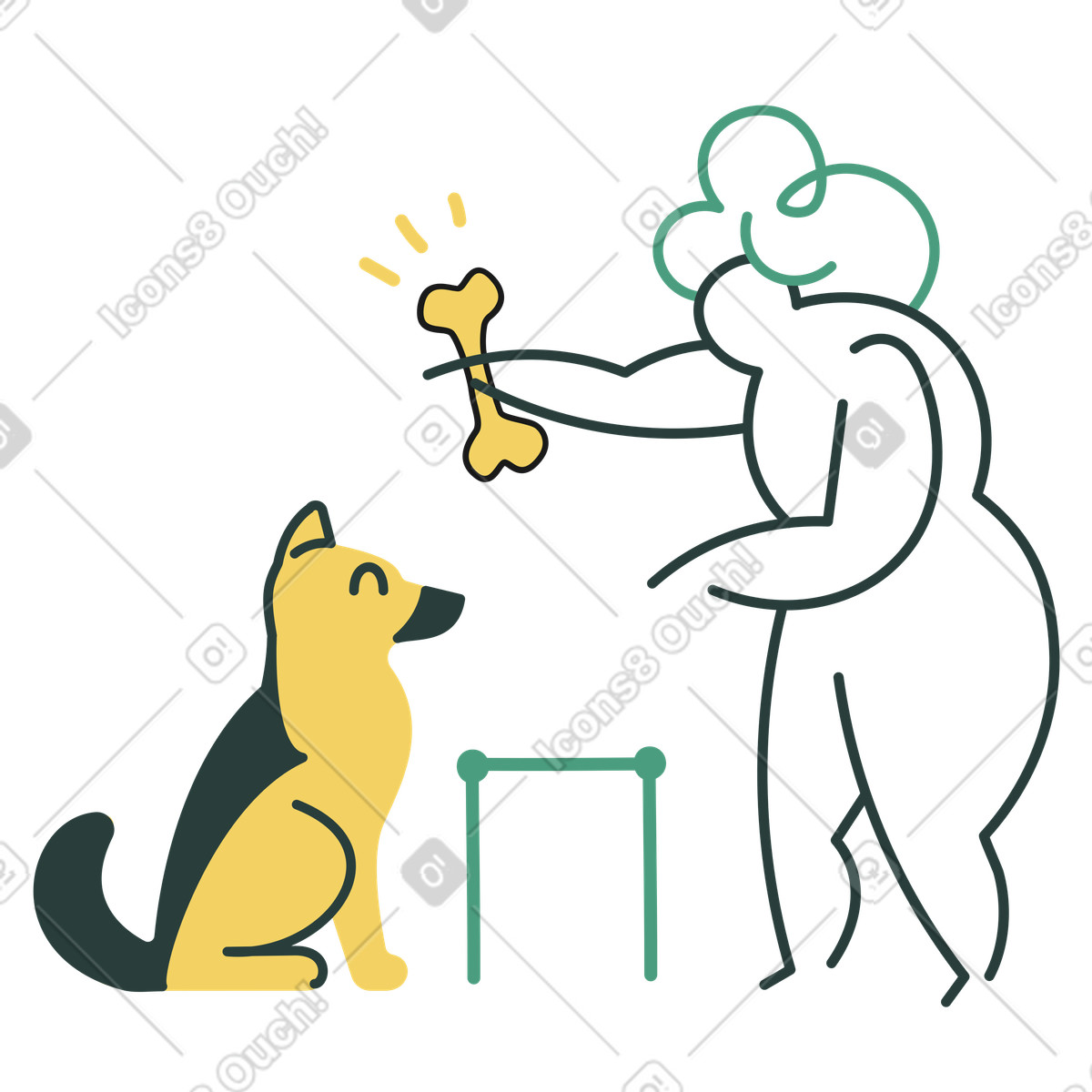 Woman training a dog and offering treat illustration in Macaroni style download in PNG, SVG