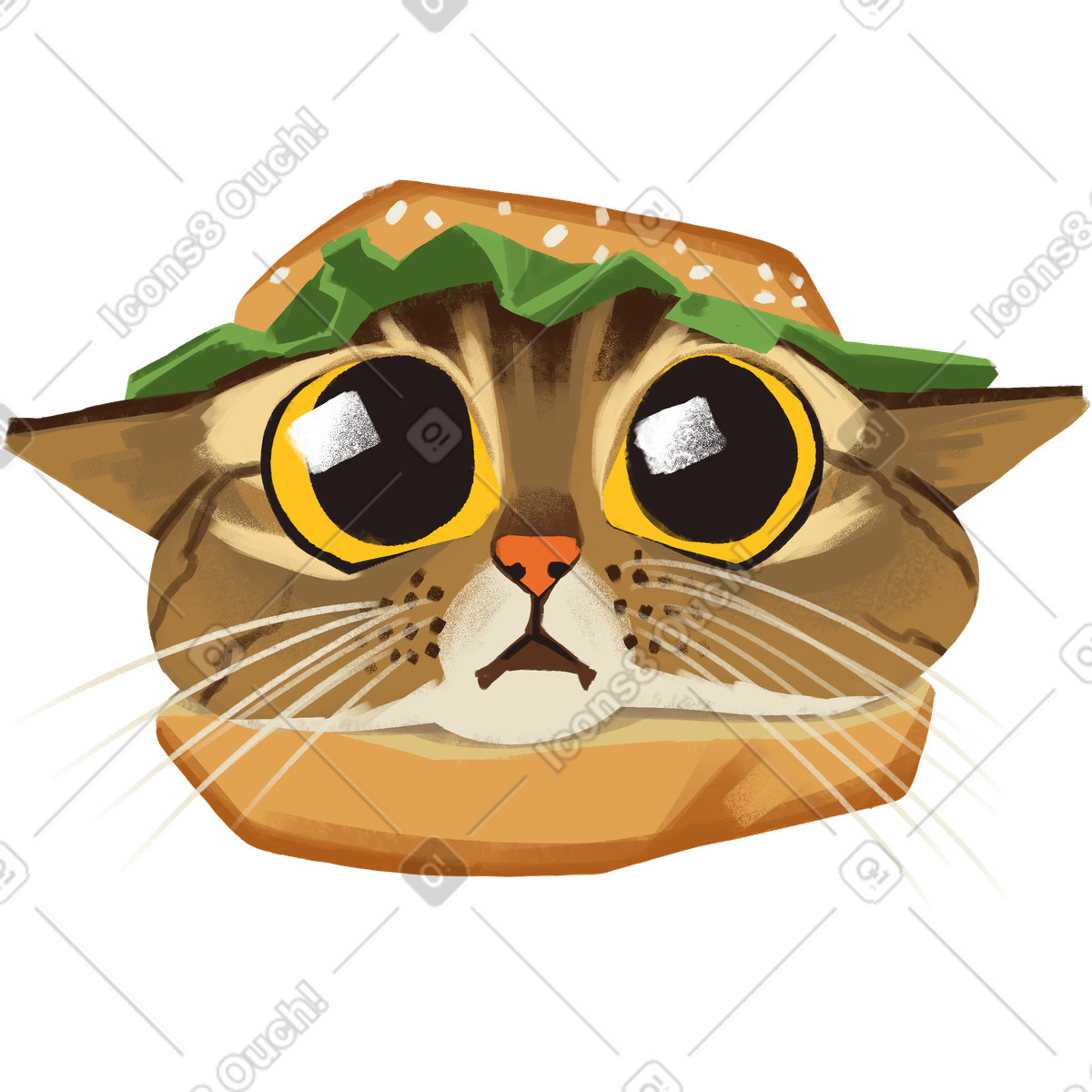 Cat in hamburger illustration featuring playful animal clipart available in PNG
