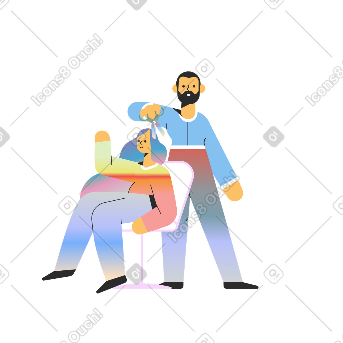 Parrucchiere maschio che taglia i capelli di una donna illustrazione in stile Marginalia scarica in PNG, SVG