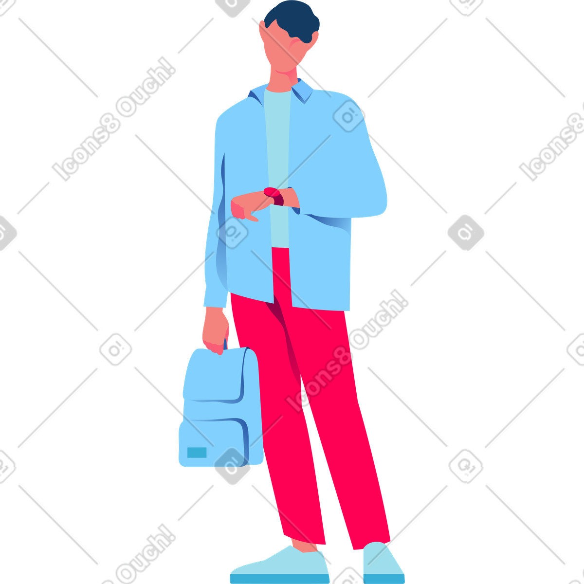Junger mann mit rucksack schaut auf seine uhr-Illustration im Daily-Stil als Download in PNG, SVG