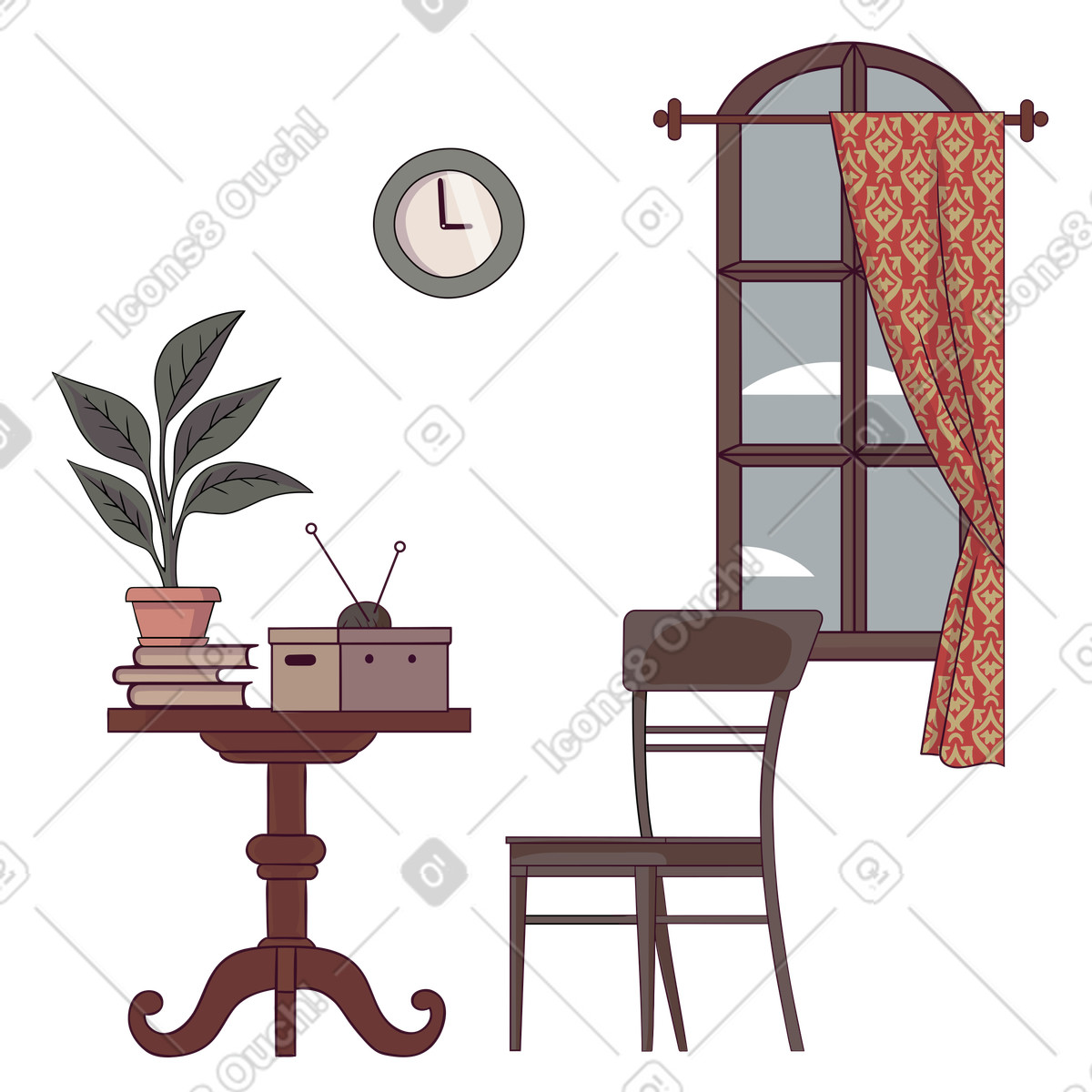 Ilustração de Interior da sala estar com móveis e janela em no estilo Eastwood para baixar em PNG, SVG