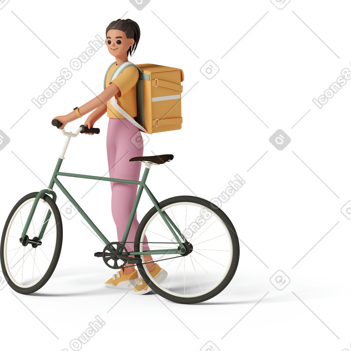 Ilustração de Delivery woman standing with bicycle and bag em no estilo 3D Casual life para baixar em PNG, SVG