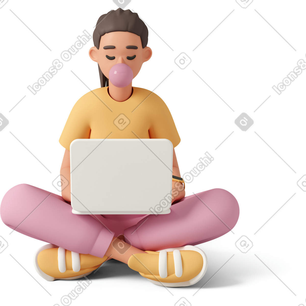 Ilustración Mujer joven sentada con una laptop en las piernas y soplando chicle estilo 3D Casual life a descargar PNG SVG