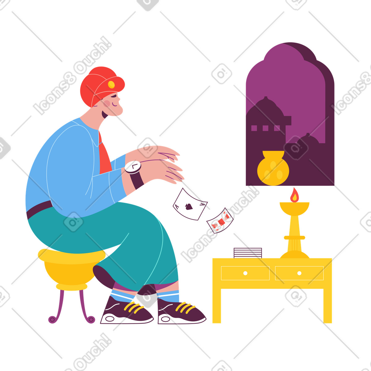 Indian man playing cards alone illustration in Sammy style download in PNG, SVG