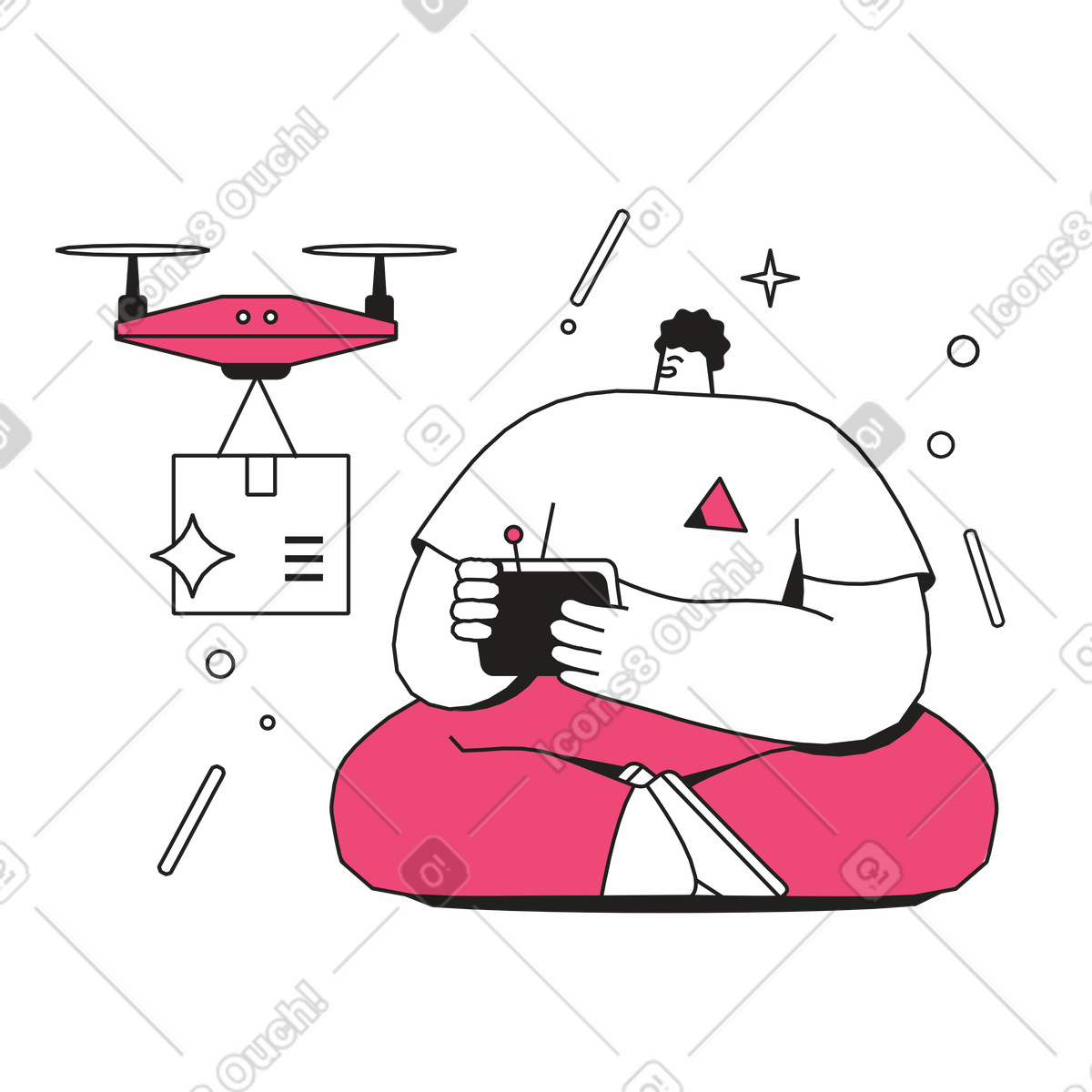 Ilustración Person controlling flying drone with package, last mile delivery innovation en estilo Dazzle Line a descargar en PNG y SVG
