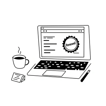 A laptop is open on a wooden desk, displaying a webpage for an online subscription service. The screen shows content from the service along with a prominent "Renewed" badge in the corner of the webpage. The laptop has a sleek design with a black keyboard and a shiny silver casing. Next to the laptop, there is a notepad with a pen resting on top. A coffee cup sits beside the notepad, partially visible in the frame.