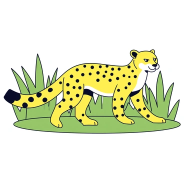 A close-up illustration of a cheetah with distinct black spots on its golden fur, showcasing its intense gaze. The cheetah is positioned low to the ground, blending into the tall green grass surrounding it. The grass has varying shades of green and sways gently as the cheetah moves stealthily.