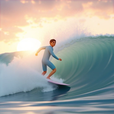A surfer, wearing a bright blue wetsuit, is skillfully riding a massive wave. The wave is towering and dynamic, with intricate details of foam and water splashes vividly visible. The sunset casts a warm golden glow across the scene, highlighting the surfer's determined expression. The water splashes around the surfer are sparkling in the light, creating a dramatic and energetic atmosphere. The sky is filled with a gradient of oranges, pinks, and purples, adding to the intensity of the moment.