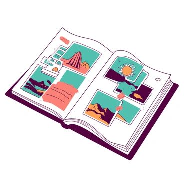 A white photo album page is filled with a vibrant collage of photographs and mixed media elements. Various images, including landscapes and portraits, are scattered across the page. Each photograph has a distinct border, some with decorative patterns. Bright pieces of textured paper in teal and orange are layered behind the images, adding depth to the collage. Decorative elements such as washi tape and stickers are placed throughout the page, enhancing the visual interest. The arrangement of photographs creates a dynamic flow, guiding the viewer's eye across the page.