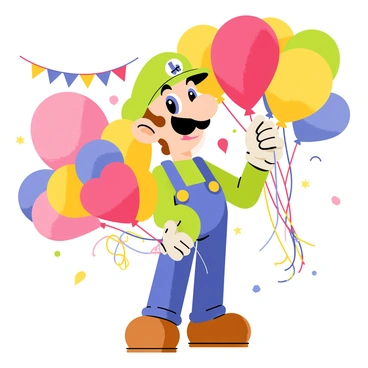 Luigi is depicted with a cheerful expression while holding a large bunch of vibrant, colorful balloons. The balloons are in various shapes and sizes, including round and heart-shaped, with bright colors like red, blue, yellow, green, and pink. Luigi is wearing his classic green hat and blue overalls, standing in a lively outdoor setting decorated with streamers and confetti. In the background, there are party decorations like banners and colorful lights, adding to the festive atmosphere.