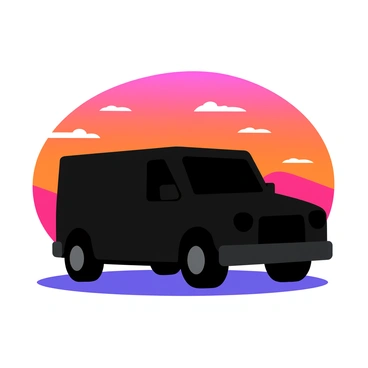 A black G-Wagon silhouette stands prominently in the foreground. The vehicle's distinct shape features sharp angles and a boxy design. Behind it, a vibrant sunset sky displays a gradient of colors, transitioning from deep orange to soft purple. Wispy clouds scatter across the sky, illuminated by the setting sun. The ground is slightly reflective, capturing the colors from the sky and emphasizing the silhouette of the G-Wagon.