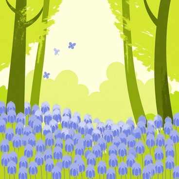 A tranquil forest scene featuring tall green trees with sunlight filtering through the leaves. The forest floor is covered in a vibrant carpet of "bluebells," creating a sea of blue. Small patches of sunlight illuminate the flowers, enhancing their color. A gentle breeze causes some flowers to sway slightly, adding a sense of movement to the serene atmosphere. A few butterflies flutter above the bluebells, adding life to the scene. 