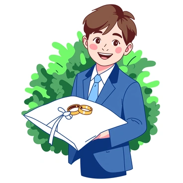 A young ring bearer wearing a sharp blue suit stands proudly, holding a white pillow adorned with two golden wedding rings. The pillow is delicately positioned in front of him, with a small white ribbon tying the rings together. His expression is joyful, and he has bright eyes filled with excitement. The setting is a lush garden with green foliage providing a natural backdrop, complementing the formal attire of the young boy.