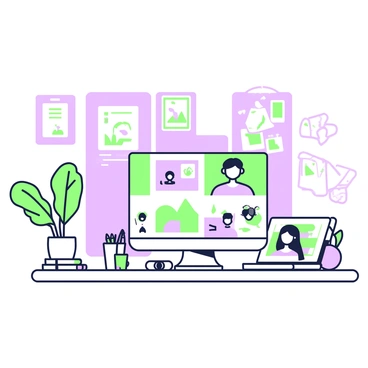 A digital illustration portfolio is displayed on a computer screen during a video call. The computer is set on a desk cluttered with drawing tools such as pencils and sketchbooks. A laptop with a green frame shows a headshot of a person on the other end of the call. The portfolio features several colorful digital illustrations organized in a grid format. Each illustration showcases different themes, including landscapes, characters, and abstract designs. The room is softly lit, with a plant in the background and a few art prints on the wall.