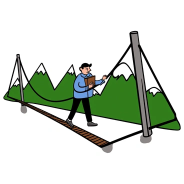 A courier with medium skin tone and short black hair is walking across a long suspension bridge. The bridge has two tall towers on either end and is surrounded by mountains in the background. The courier is wearing a blue jacket, black pants, and comfortable shoes. He is holding a small brown parcel in one hand while looking ahead, focused on his path. The scene captures the height of the bridge with wooden planks beneath his feet, emphasizing the vast space below.
