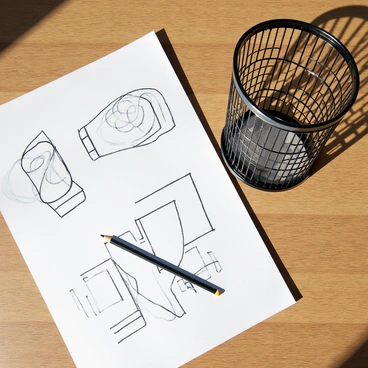 A visibly crumpled drawing lying on the floor next to a trash bin
