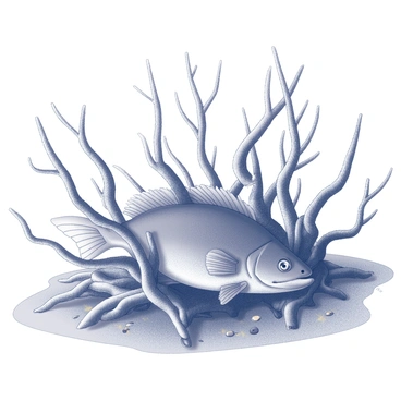 A grouper is positioned among the tangled roots of a mangrove forest. The fish is partially concealed, with only its head and a portion of its body visible, blending in with the surrounding environment. The roots are thick and intertwined, creating a complex underwater habitat. The water is shallow, allowing light to filter through the surface, illuminating the intricate details of the roots and the grouper's scales. Small fish and other marine life can be seen darting around the roots, contributing to the vibrant ecosystem.