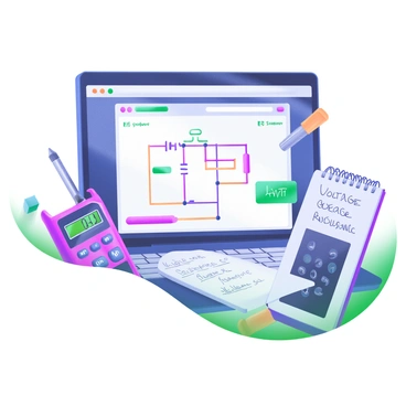 A computer screen displaying a simulation of a circuit being tested. The screen shows a detailed circuit diagram with bright colored wires connecting various components such as resistors and capacitors. Measurement indicators are visible on the screen, displaying values like voltage, current, and resistance in clear, legible text. Surrounding the computer screen are tools like a digital multimeter and a notebook with handwritten notes, creating a workspace atmosphere.