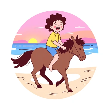A cheerful child with curly hair is riding a small brown pony along a sandy beach. The child's face is lit up with joy, and they are wearing a bright yellow shirt and blue shorts. The pony is trotting gracefully, leaving hoofprints in the wet sand. In the background, the sun is setting, casting an orange and pink glow across the sky, while the gentle waves of the ocean reflect the colors of the sunset. The scene captures the essence of happiness and freedom at the beach.