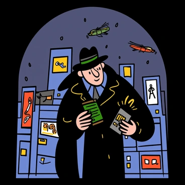 A noir detective with light skin and slicked-back black hair is standing under a flickering neon light in a futuristic city. He is wearing a classic fedora hat and a long trench coat, with the collar turned up against the cool night air. The detective holds a futuristic gadget in one hand, examining a small holographic display that projects data about a recent crime. In the background, towering skyscrapers with bright advertisements and flying vehicles create a bustling urban scene. The atmosphere is filled with shadows and hints of rain, reflecting the mystery of the investigation.