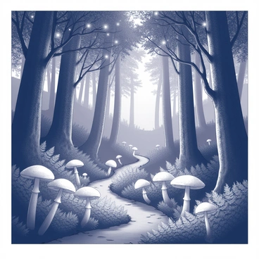 A dense forest filled with towering trees and lush undergrowth. The ground is adorned with numerous glowing mushrooms, casting a soft light around them. Delicate fairy lights hang from the branches, twinkling like stars against the dark backdrop of the trees. Shadowy silhouettes of ferns and bushes add depth to the scene, while a narrow path winds through the enchanting landscape, inviting exploration. The air seems alive with a sense of magic and wonder, suggesting an otherworldly presence within the woods.