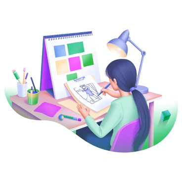 A modern pastel illustration depicting an artist focused on sketching "stylish fashion illustrations" in a notepad. The artist is using a pencil and sitting at a wooden table. Scattered around the table are colorful "fabric swatches" in various textures and patterns. The scene includes a small lamp providing soft light, and a few completed sketches resting beside the notepad. A paintbrush and a cup filled with pens and pencils add to the creative atmosphere.