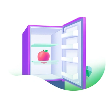 A modern pastel illustration of an open refrigerator with the door swung wide. Inside the refrigerator, there is a single, bright red apple sitting on one of the shelves. The fridge is filled with soft, pale colors, and the background features subtle shadows to give depth. The apple looks fresh and shiny, contrasting against the cool, white interior of the refrigerator.