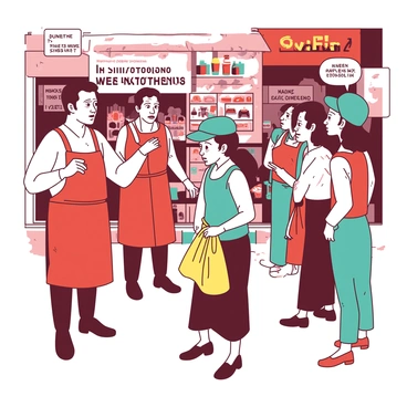 A group of shopkeepers in a bustling market are gathered outside their stores, displaying expressions of excitement and curiosity. One shopkeeper, wearing a red apron, is animatedly gesturing while discussing the news with a colleague, who has a teal cap perched on their head. Nearby, a woman holding a yellow cloth bag is listening intently, her eyes wide with interest. Other shopkeepers, standing in front of their displays of colorful goods, lean in closer to join the discussion. The atmosphere is lively, reflecting a sense of community and anticipation.
