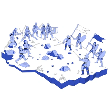 A landscape rich in natural resources is depicted between two clashing armies. To the left, a group of soldiers wearing armor is advancing, holding swords and shields, their expressions focused on the confrontation ahead. To the right, another group of soldiers is prepared for battle, wielding spears and banners that flutter in the wind, showing determination in their stances. In the center of the image, there are stacks of ore and scattered gemstones, glinting in the light, surrounded by lush greenery. The terrain is uneven, with rocky outcrops and patches of grass between the two armies. The tension in the air is palpable as both sides prepare for an imminent clash.