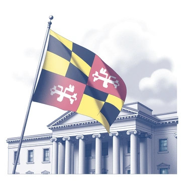A Maryland flag is waving proudly, partially draped over the facade of a large federal building. The flag features the distinctive black and yellow colors and the red and white patterns characteristic of Maryland's design. The federal building has a classical architectural style, with grand columns and large windows that reflect the flag's movement. The scene conveys a sense of tension, symbolizing the ongoing tax conflict. The sky is filled with soft gray clouds, adding an atmosphere of seriousness to the setting.