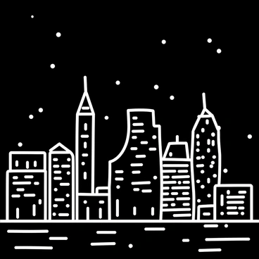 A city skyline at night, featuring tall buildings with various architectural designs. Each building is adorned with numerous windows that emit soft, twinkling lights. The sky is dark, creating a contrasting backdrop for the illuminated structures. The scene captures the essence of urban life, with lights reflecting off nearby water.