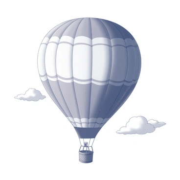 A whimsical fine-line illustration of a hot air balloon floating in the sky.