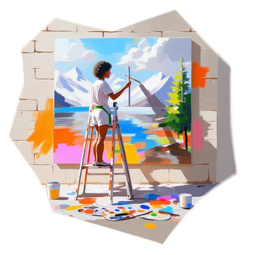 An artist with medium skin tone and curly hair, standing on a ladder, is focused on painting a large mural on a brick wall. The mural features various elements illustrating the impacts of climate change, such as melting glaciers, rising sea levels, and wildfires. Interspersed among these images are representations of solutions, including solar panels, wind turbines, and lush green trees. The artist is using vibrant colors and broad brush strokes to convey a sense of urgency and hope. Paint splatters are visible on the ground below, and tools like paintbrushes and a palette lay nearby.