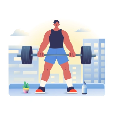 A person with a muscular build is performing a deadlift on a rooftop. They have short, dark hair and are wearing a fitted black tank top and blue athletic shorts. In their hands, they are gripping a heavy barbell loaded with weights. The city skyline is visible in the background, featuring tall buildings with glass facades and a few fluffy clouds in the sky. The sun is setting, casting a warm glow over the scene, and a gentle breeze is slightly moving the person's hair. Nearby, there is a small potted plant and a water bottle on the rooftop surface.