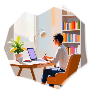 A cozy home office setup featuring a person sitting at a wooden desk. The person, a middle-aged individual with short curly hair and wearing glasses, is focused on a laptop screen. They are holding a pen and a notepad, preparing to take a remote work satisfaction survey. The office is well-lit, with a potted plant on the desk and bookshelves filled with various books in the background. A comfortable chair is positioned at the desk, and a coffee mug sits nearby. The atmosphere conveys a sense of productivity and comfort.