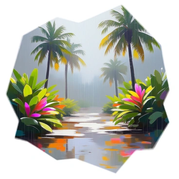 A tropical landscape featuring lush greenery, with heavy monsoon rains pouring down from dark, cloud-filled skies. The rain creates droplets splashing against vibrant leaves, while puddles start to form on the ground, reflecting the dense foliage. Tall palm trees sway gently in the wind, and colorful flowers can be seen peeking through the foliage, their colors enhanced by the rain. The overall scene captures the intensity of the downpour and the rich, saturated colors of the tropical environment.