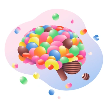 A brain made entirely out of colorful candy pieces and sweets