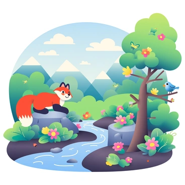 A vibrant ecosystem is depicted with an array of lush green plants, their leaves various shades of green and some with bright floral blooms in shades of pink, yellow, and orange. Inhabitants of this ecosystem include a curious red fox with a bushy tail, perched on a rock, and a group of playful bluebirds fluttering around the branches of a nearby tree. A sparkling stream flows through the scene, reflecting the sunlight and nourishing the surroundings. Small insects, such as ladybugs and butterflies, can be seen flitting among the flowers, contributing to the overall sense of life and energy. The ground is covered with rich, dark soil dotted with small stones. In the background, a beautiful array of mountains can be seen, under a bright blue sky filled with fluffy white clouds.