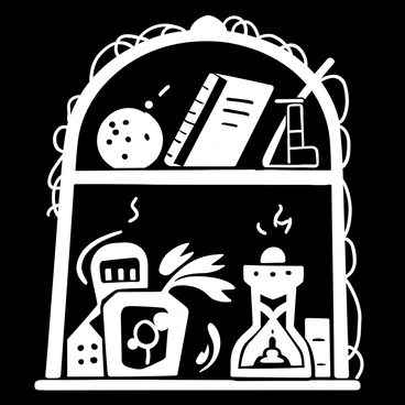 A shelf filled with various mysterious and ominous artifacts. The artifacts include an ancient-looking book with a cracked spine, a dark, twisted wand, and a small, intricate hourglass with unusual markings. Each artifact is surrounded by shadows, creating a sense of depth. There are cobwebs draping over the shelf, adding to the eerie atmosphere. The shelf is made of dark wood, with intricate carvings along the edges. The background is dimly lit, enhancing the ominous presence of the artifacts.