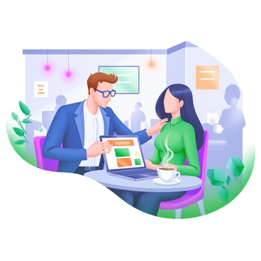 A cozy café scene featuring two business partners engaged in a discussion. One partner has short brown hair, wearing glasses and a blue blazer, while the other has long black hair, dressed in a stylish green blouse. They are sitting at a small round table, which holds two steaming coffee cups and an open laptop displaying a presentation. Surrounding them are soft, ambient lights and a few potted plants, creating an inviting atmosphere. The café walls are adorned with modern art, and in the background, other patrons are enjoying their drinks and conversations.