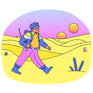 A mercenary wearing a rugged, wind-swept outfit is walking across a vast desert landscape. The sand dunes are rolling and appear golden under the fading light. In the background, two suns are setting on the horizon, casting an orange and purple glow across the sky. The mercenary carries a backpack and a weapon slung over their shoulder, their silhouette stark against the colorful sky. Sparse desert vegetation, like cacti and shrubby plants, is dotted throughout the scene.
