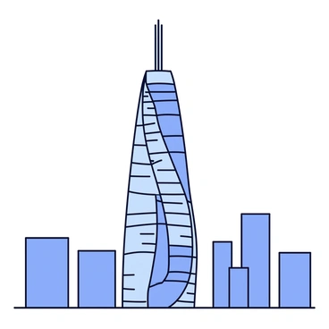A tall skyscraper with a sleek, twisting design that spirals upwards. The building features a glass façade that reflects the surrounding environment. The base of the skyscraper is wide, tapering as it rises higher. At the top, the structure narrows into a pointed spire. The skyline in the background consists of smaller buildings, creating a contrast with the towering skyscraper. The scene is set against a clear blue sky.